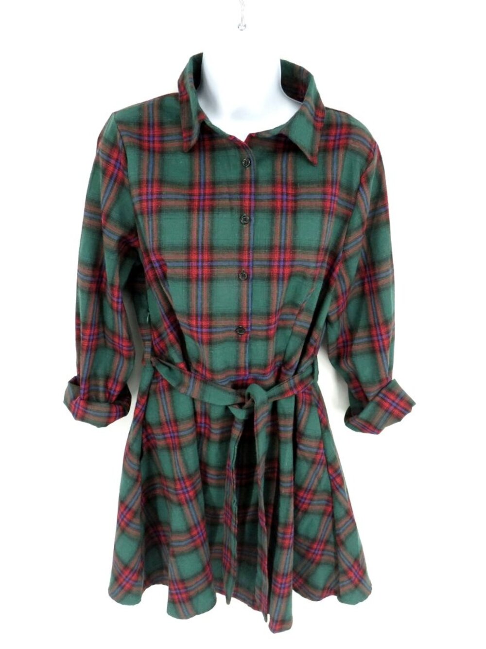 Fancyinn Plaid Button-Up Shirt Dress Waist Tie Small
